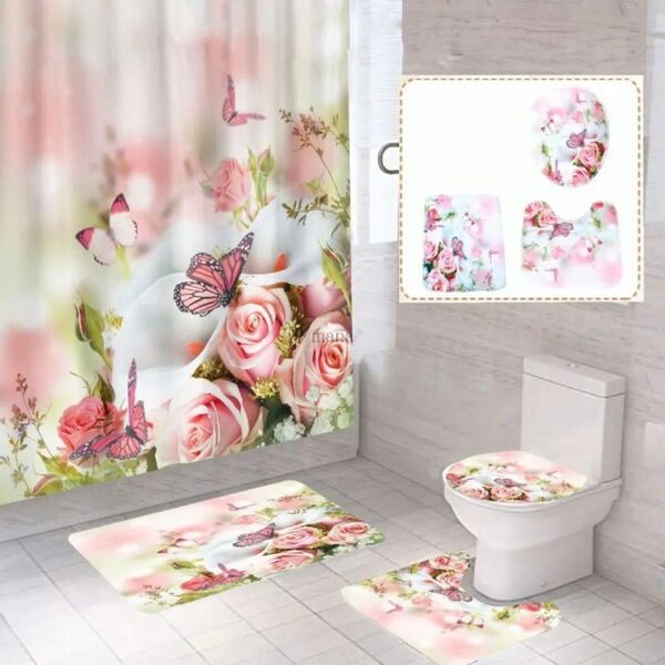 トイレマット 3点セット ピンク バタフライ トイレ蓋カバー足元 バスマット 花柄 洗える