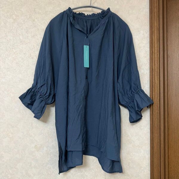 新品 アメリカンホリック 5分袖 ブラウス チュニック 接触冷感 Lサイズ くすみブルー
