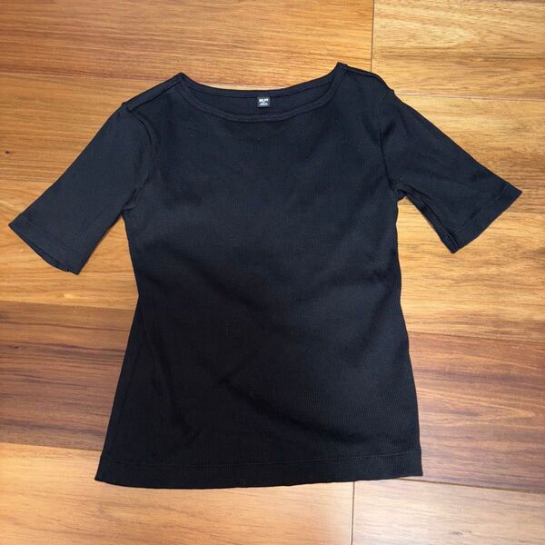 ユニクロ リブボートネックTシャツ 5分袖 黒 オンライン限定XSサイズ