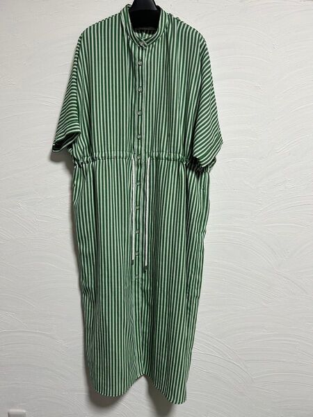 ストライプ ロングシャツ ワンピース グリーン