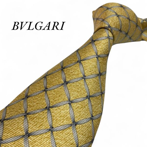 極美品 BVLGARI ブルガリ ネクタイ イエロー セッテピエゲ 厚手 総柄 ブランドネクタイ ビジネス 紳士