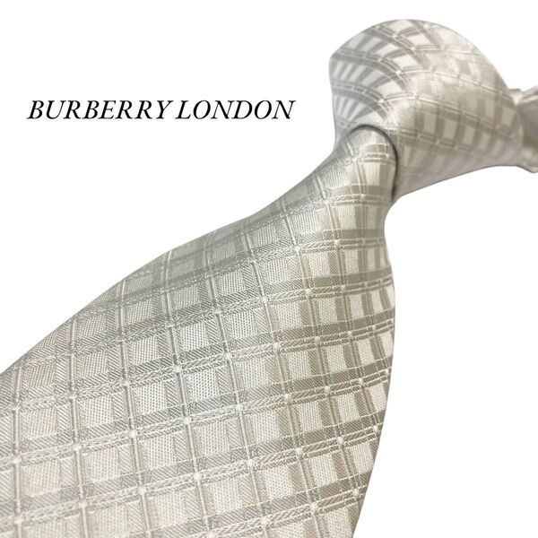 極美品 BURBERRY LONDON ネクタイ シルバー 艶 光沢 チェック柄 バーバリーロンドン シルク ホースロゴ
