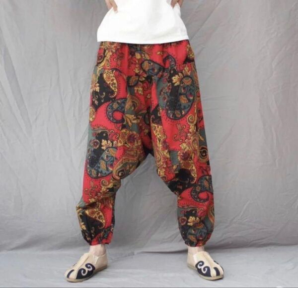 新品 ペイズリー柄 お洒落 アジアン エスニック サルエルパンツ アラジンパンツ ゆるだぼ ダンス ヨガ ウエストゴム メンズ 赤