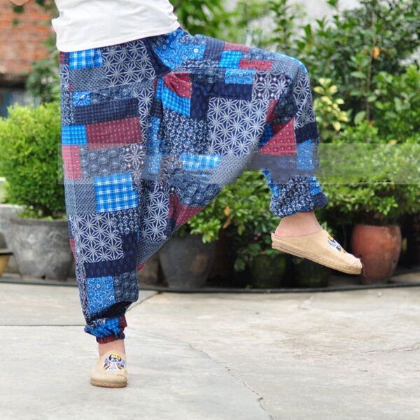 新品 パッチワーク風 青 アジアン エスニック サルエルパンツ アラジンパンツ ダンス ヨガ ウエストゴム メンズ