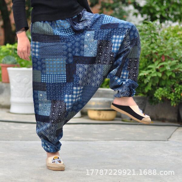 新品 パッチワーク風 青 アジアン エスニック サルエルパンツ メンズ アラジンパンツ ダンス ウエストゴム ポケット 着心地