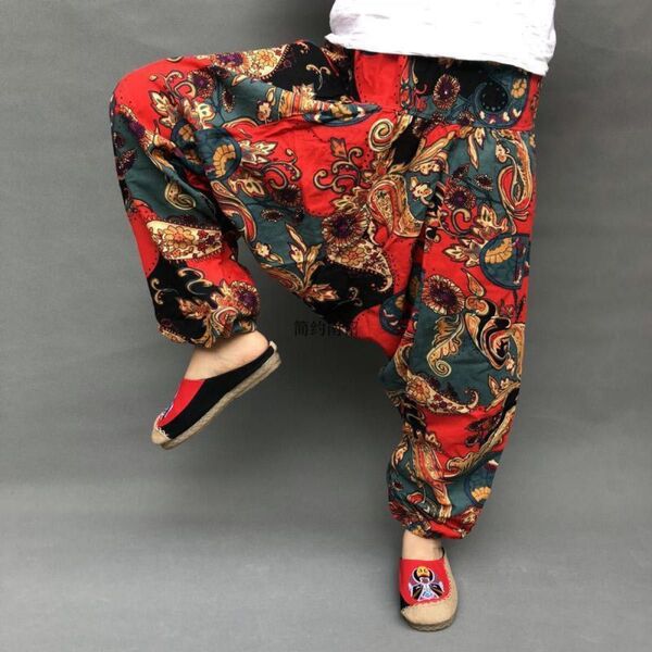 新品 ペイズリー柄 お洒落 アジアン エスニック サルエルパンツ アラジンパンツ ゆるだぼ ダンス ヨガ ウエストゴム メンズ 赤