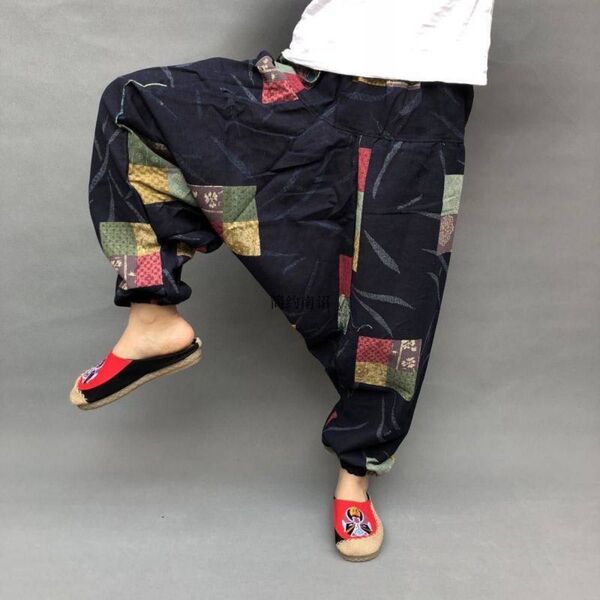 新品 アジアン 和風 和柄 ネイビー エスニック サルエルパンツ アラジンパンツ ダンス ヨガ ウエストゴム メンズ レディース