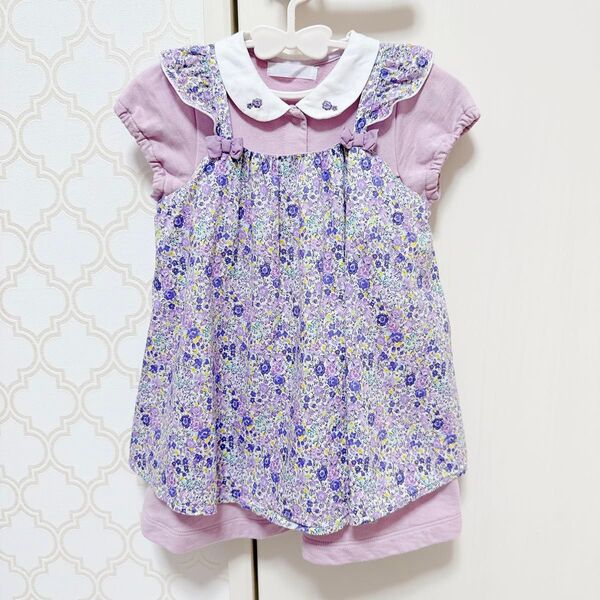 【 美品 】べべ BeBe 半袖 ワンピース 紫 お花柄 重ね着 M 80cm