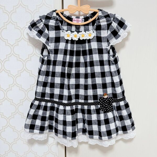 【 美品 】ミキハウス 半袖 白黒チェック お花 ワンピース 90cm 女の子