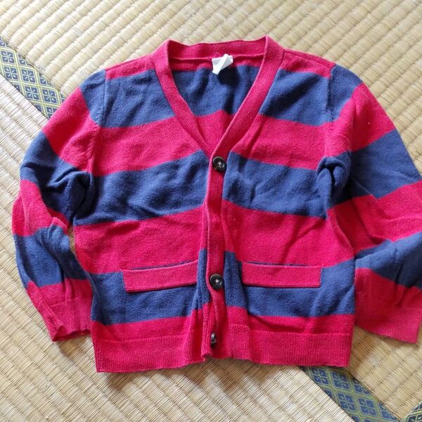 OLD NAVYボーダー柄カーディガン レッド ネイビー 90cm