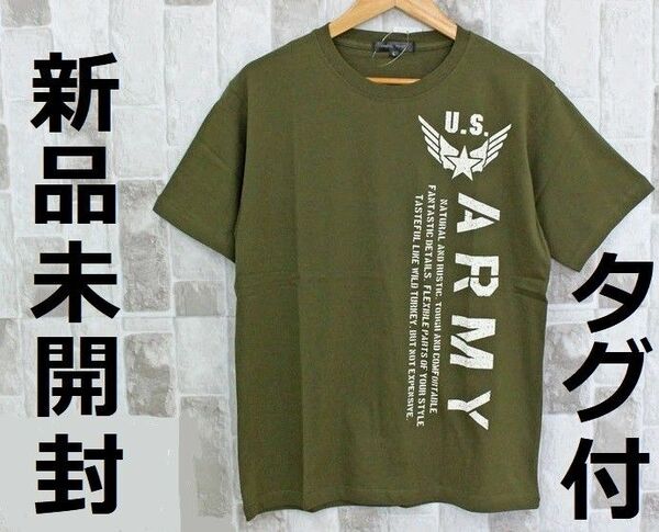 新品 メンズ アメカジ L カーキ 緑 ロゴ プリント 半袖 Tシャツ ロンT カジュアル 春 夏 秋 カットソー トップス 紳士