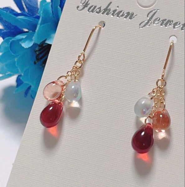 ハンドメイドピアス ドロップチェコビーズピアス ローズ×レッド×オーロラクリア
