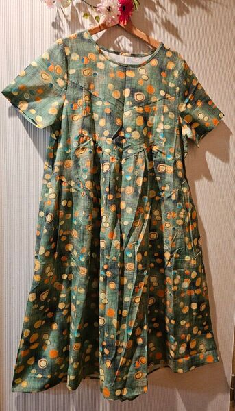 大きいサイズ 新品 ゆったりドット柄 リネン ワンピース XL