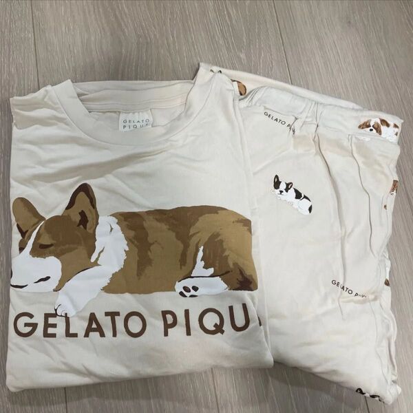 ジェラートピケ sleeping dogワンポイントロンT 上下セット 犬柄