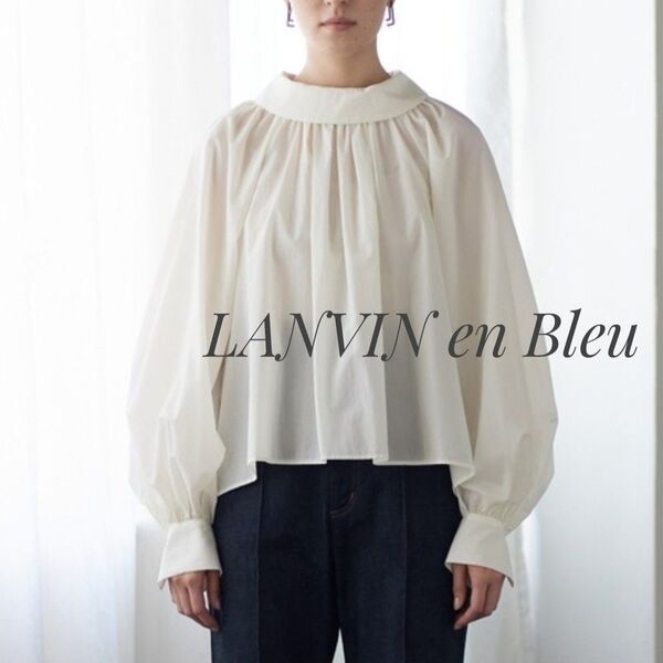 新品タグ付き LANVIN en Bleu ナイロンバックオープンロールカラーブラウス 38