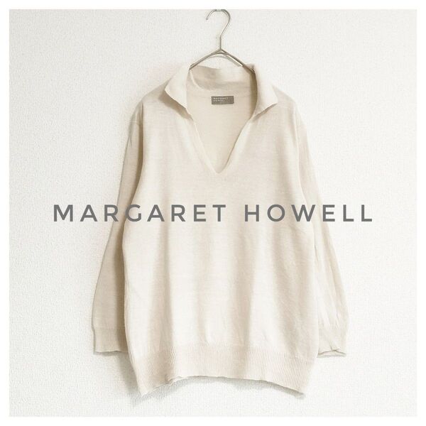 MARGARET HOWELL コットンリネン スキッパーサマーニット Ⅱ ライトベージュ