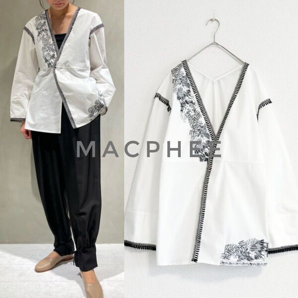 新品タグ付き MACPHEE コットンブロードエンブロイダリー ノーカラージャケット 白