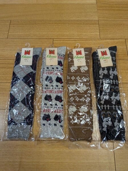 【未使用】レディース ソックス 22-24cm 4足セット ひざ丈 黒 茶 グレー 靴下 アクリル、ナイロン、毛、ポリウレタン