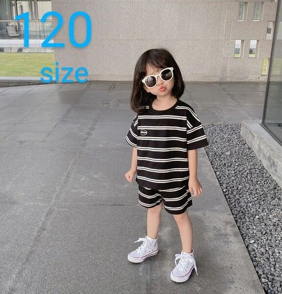 セットアップ キッズ ボーダー 120 上下セット 半袖Tシャツ ハーフパンツ リンクコーデ