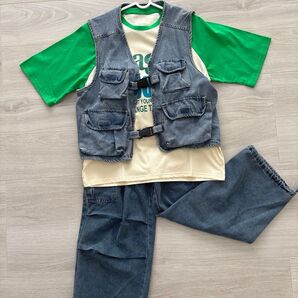 Tシャツ、デニムベスト、デニムパンツ 3点セット 150サイズ ベストのみ一度着用 ダンス衣装 ロックダンス ヒップホップ