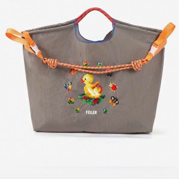新品 アヒル刺繍 トートバッグ エコバッグ Lサイズ ショルダーストラップ付き