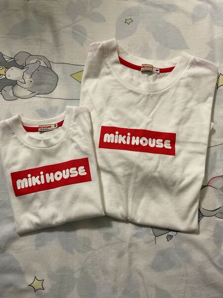 ミキハウス ボックスロゴ Tシャツ 親子お揃いコーデ 大人Mサイズ 子供100サイズ 2枚セット 美品! ホワイト