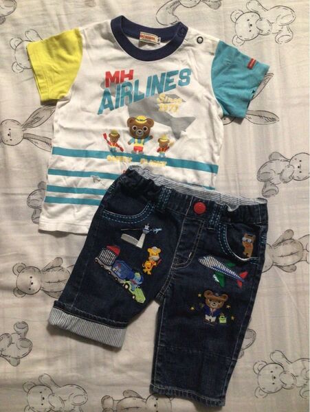 ミキハウス エアラインデザイン 人気飛行機 上下セットアップ tシャツ 豪華デニムパンツ 90サイズ 子供服 半袖Tシャツ 男の子