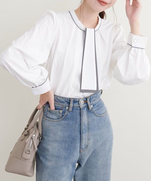 美品☆ボウタイ配色ブラウス アイボリー ホワイト