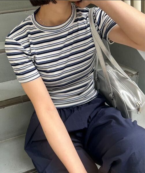 mebole リブコンパクトボーダートップス ブルー ホワイト 半袖 トップス カットソー tシャツ ショート丈 レディース 服