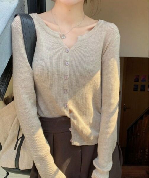新品 LAC-VERT スリムフィットリブカーディガン ベージュ FREE 長袖 トップス クロップド丈 ニット レディース 服