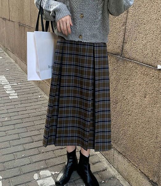 Girly Doll チェックボックスプリーツスカート グリーン M レトロ ロングスカート チェックスカート レディース 服