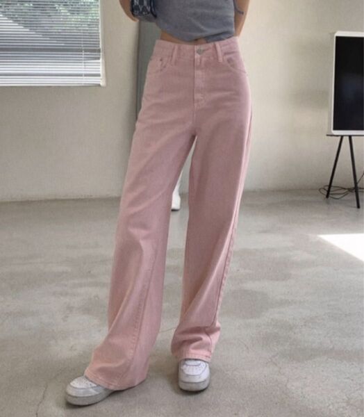 by muni:r ストレートワイドコットンカラーパンツ ピンク S ストレートパンツ ワイドパンツ ズボン レディース 服