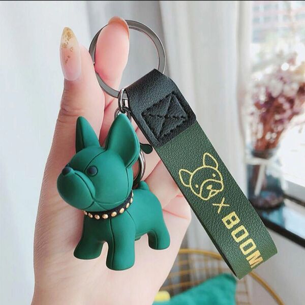 フレンチブルドッグ キーホルダー グリーン ◆ステッカー2枚付♪