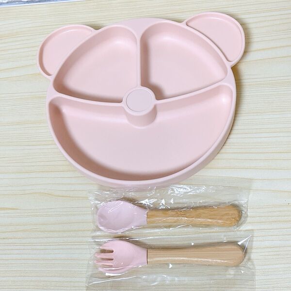 ベビー食器 セット シリコン 吸盤付きプレート スプーン フォーク ピンク