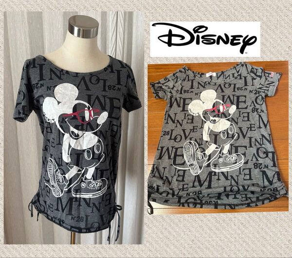 【Disney ディズニー】総柄 ビンテージ ミッキーマウス 半袖 Tシャツ カットソー プルオーバー トップス グレー