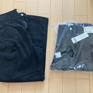 新品 ユニクロ UNIQLO デニム 2点 タック ワイド パンツ ジーンズ チノ U ブラック 黒 76 30 インチ 兼用