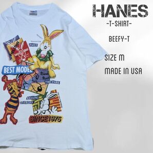90s USA製 Hanes ヘインズ Tシャツ うさぎ ラビット Mサイズ ヴィンテージ ホワイト シングルステッチ