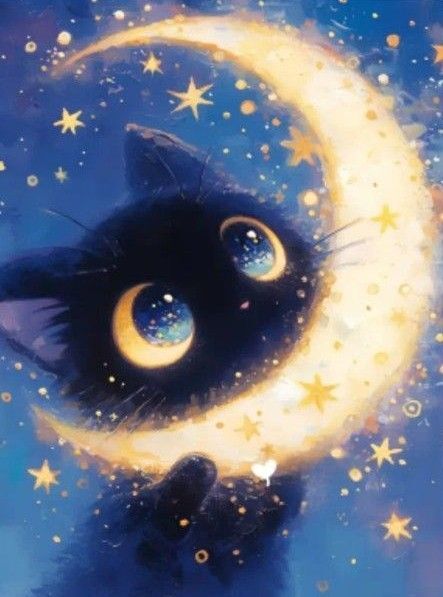 新品ダイヤモンドアート30×40アニメイラスト 黒猫とお月様 ネコ 三日月 作成キット