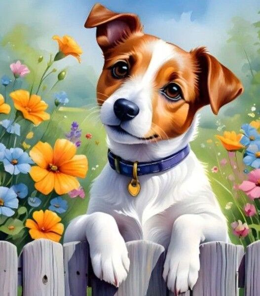 訳あり☆ダイヤモンドアート30×30子犬 ジャックラッセルテリア 犬と花 作成キット
