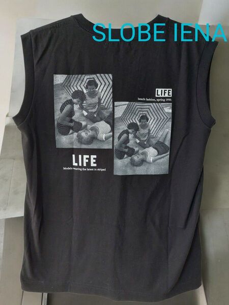 美品 SLOBE IENA スローブイエナ LIFEプリント ノースリーブカットソー ブラック 綿100% フリーサイズ
