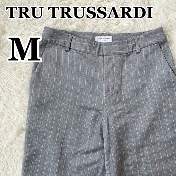 【トゥルートラサルディ】TRU TRUSSARDI ストライプ柄 ワイドパンツ カジュアルパンツ グレー M 長ズボン ボトムス