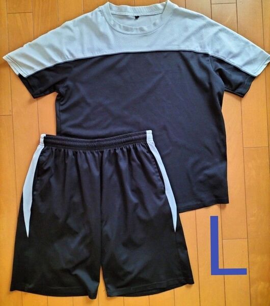 メンズLトレーニングウェア セットアップ ブラック×ホワイト 半袖Tシャツ ショートパンツ 半ズボン 速乾