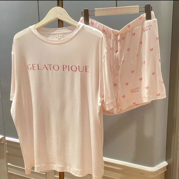 ジェラートピケ ルームウェア ハート柄 ピンク パジャマ 上下セット 半袖 夏服