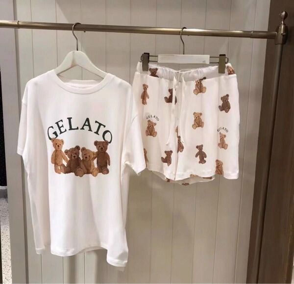 ジェラートピケ テディベアワンポイント セットアップ レディース ルームウェア 半袖 夏服 パジャマ