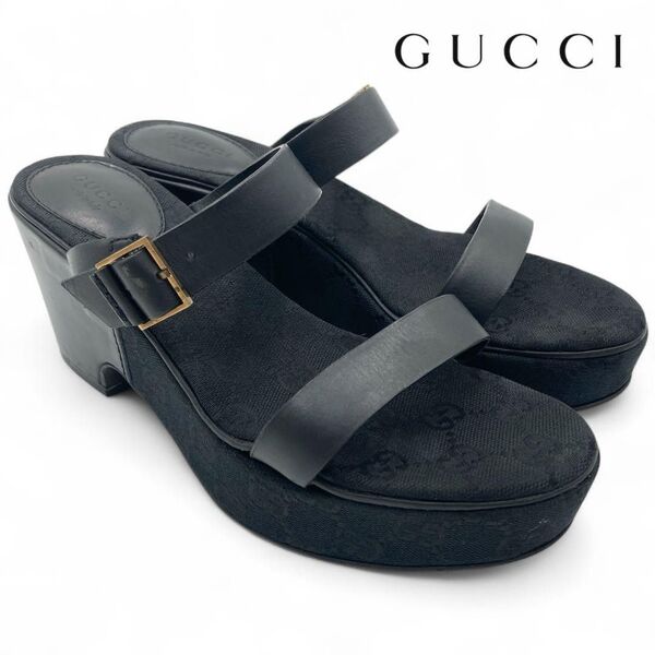 GUCCI 22.5cm 黒 GG レザー キャンバス ウェッジ サンダル