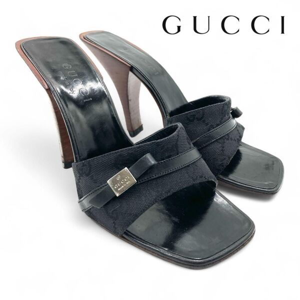 GUCCI サンダル 22.5cm GG柄 ブラック 木ヒール ロゴリボン