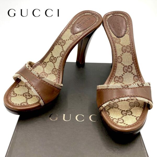 GUCCI 21.5cm サンダル GG柄 ブラウン オープントゥ 靴 イタリア製 ミュール