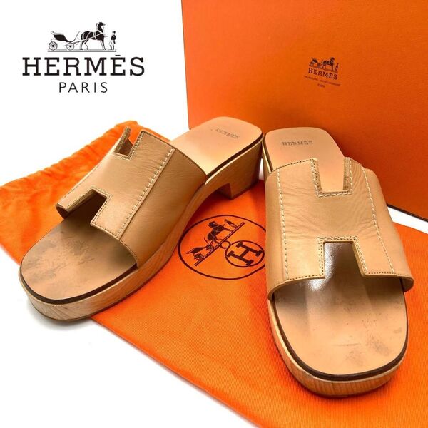 HERMES エルメス サンダル ベージュ レザー ウッド