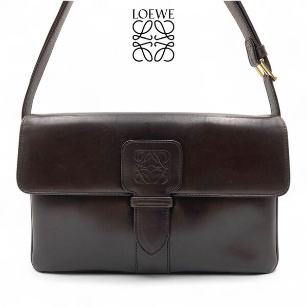 LOEWE ロエベ 2way バッグ ダークブラウン レザー ショルダーバッグ フラップ ゴールド金具 肩掛け ワンショルダー