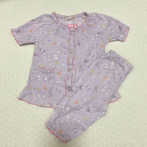 中古 パジャマ 前開き 半袖 半袖パジャマ 女の子 ラベンダーカラー 紫 パープル 110サイズ 猫柄 上下セット